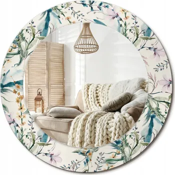 Zrcadlo Nástěnné Zrcadlo s ozdobným skleněným rámem, průměr 50 cm, motiv Květiny - akvarel