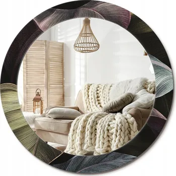 Zrcadlo Nástěnné zrcadlo s ozdobnou grafikou na skle, průměr 70 cm – Tmavé tropické listy