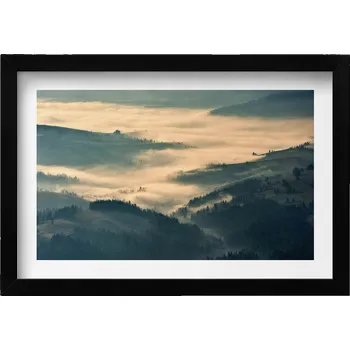 Obraz Dekorace, obraz s grafikou v krásném rámu: Horská krajina s lesy v mlze, 30x20 cm