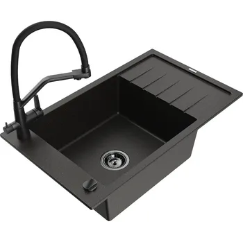 Granitový dřez MEXEN/S - Elias granitový dřez s odkapávačem včetně baterie Duo, černá/zlatá metalik 6511-75-671701-70-B