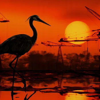 Plakát Plakát Industriální soumrak – Jeřáb, bez rámu, 100 x 100 cm