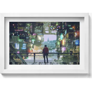 Obraz Dekorativní nástěnný obraz s grafikou v bílém rámu Město Cyber Punk 30x20 cm