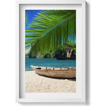 Obraz Dekorativní nástěnný obraz v rámu do obýváku Loďka na pláži pod palmou 40x60 cm
