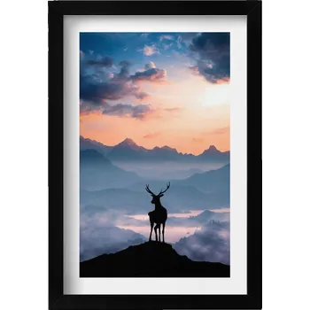 Obraz Dekorativní obraz v černém rámu do obýváku Jelen na vrcholu hor 20x30 cm