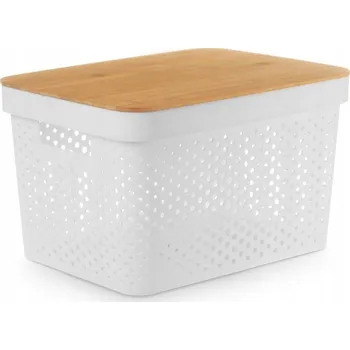 Dóza na potraviny BÍLÁ PLASTOVÁ NÁDOBA S BAMBUSOVÝM VÍKEM 36 X 26 X 22 CM NA POTRAVINY