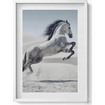 Obraz Dekorativní nástěnný obraz v rámu s grafikou loftu Bílý kůň v cvalu 50x70 cm
