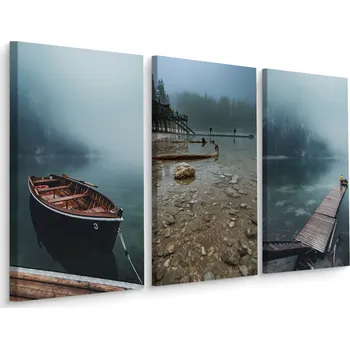Obraz Obraz Tryptych Jezero MLHA Loď Skály 3D 60x40
