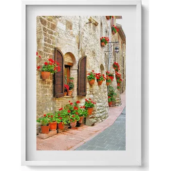 Obraz Dekorativní obraz v rámu do obýváku Malebná ulička s květinami 50x70 cm