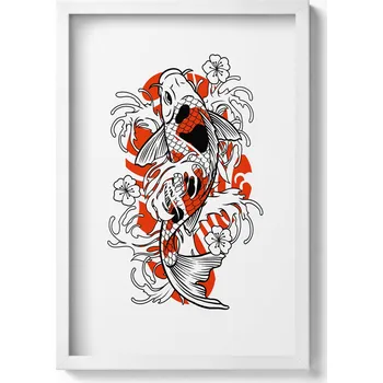 Obraz Nástěnný obraz v bílém rámu - Ilustrace ryby Koi v japonském stylu, 40x60 cm