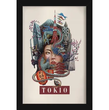 Obraz Obraz s rámem a grafikou na zeď Vintage retro styl Město Tokio 20x30 cm