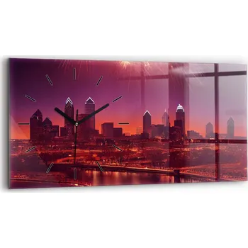 Hodiny Nástěnné Hodiny Skleněné Horizontální do Obýváku Město v noci ve Philadelphii 60x30 cm