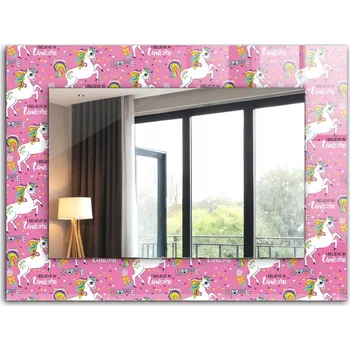 Zrcadlo Dekorativní nástěnné zrcadlo s potiskem Jednorožci, duhy a srdíčka XXL 80x60 cm
