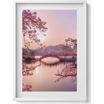 Obraz Obraz grafika v bílém rámu Květy třešně a most - japonský styl 50x70 cm