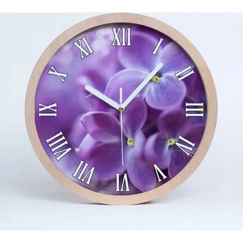 Hodiny Velké dřevěné tiché nástěnné hodiny s květy šeříku fi 30