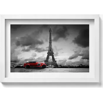 Obraz Obraz s rámem a grafikou na zeď Eiffelova věž a červené auto 30x20 cm