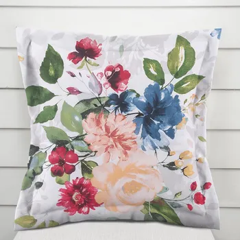 Povlak na polštářek Bavlněný povlak na polštář s lemem Sandra SA-387 Velké žluté a modré květy na bílém 50 x 50 cm