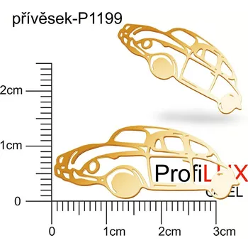 Přívěsek Přívěsek ozn-P1199 VW BROUK velikost 16x40mm tl.1.0mm. Velikost otvoru pr. 1,5mm. Barva POZLACENO. Řada přívěsků ProfiLUX