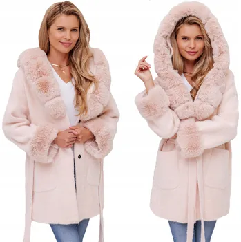 Dámský kabát Soprato béžový dámský kabát oversize s kapucí 14097 alpaka přechodný kabát dámský oversize univerzální velikost