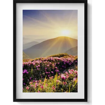 Obraz Nástěnný dekorativní foto obraz v černém rámu Hory a louka květin 50x70 cm