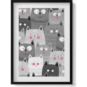 Obraz Dekorativní nástěnný obraz s černým rámem a loft grafikou - Vzor s kočkami 50x70 cm