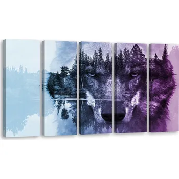 Obraz OBRAZ TRYPTYCH Vlk Les Fialový 150x60
