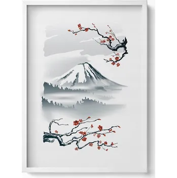 Obraz Obraz v bílém rámu Japonská ilustrace hory Fuji a květů sakury 50x70 cm