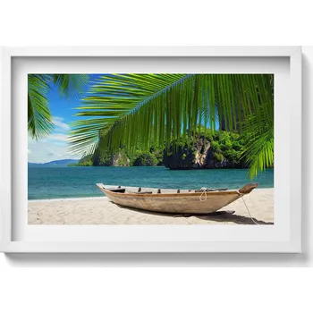 Obraz Dekorativní obraz v bílém rámu na zeď Loďka na pláži pod palmou 60x40 cm