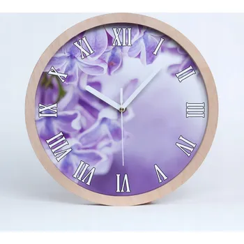 Hodiny Velké dřevěné tiché nástěnné hodiny s květy šeříku fi 30