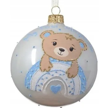 Vánoční dekorace Vánoční Koule skleněná, medvídek - "My First Christmas" modrá 10 cm