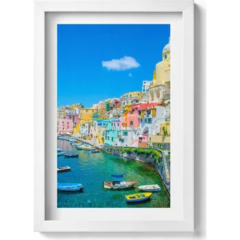 Obraz Dekorativní obraz v rámu do obýváku Přímořské městečko a lodě 20x30 cm