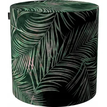 Taburet Dekoria Puf Barrel zelený s motivem listů, sametový velur