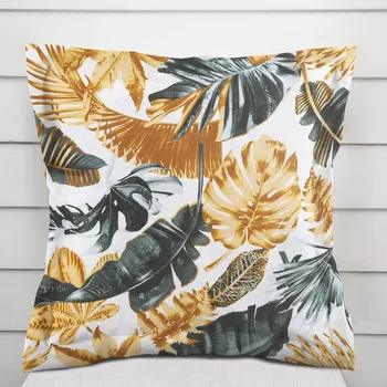 Povlak na polštářek Bavlněný povlak na polštář s lemem Sandra SA-388 Šedozelené a zlaté tropické listy na bílém 50 x 60 cm