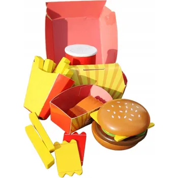 Dřevěná hračka DŘEVĚNÝ HAMBURGER FASTFOOD HAPPYMEAL - Hra na přípravu jídla