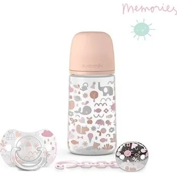 SUAVINEX | SADA LÁHEV 270ml + dudlík fyziologický 0/6m + klip MEMORIES - růžová