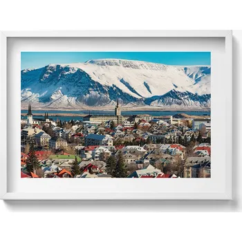 Obraz Nástěnný obraz v bílém rámu s grafikou: Pohled na Reykjavík, Island, 70x50 cm