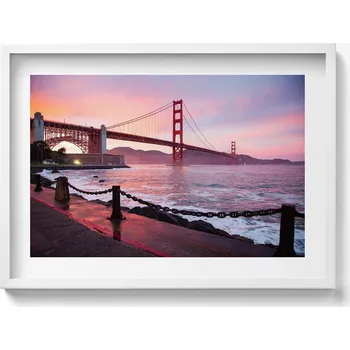 Obraz Nástěnný obraz v bílém rámu s grafikou: Pohled na most Golden Gate, 70x50 cm