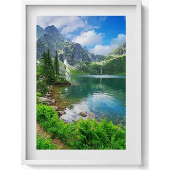 Obraz Dekorativní nástěnný obraz s grafikou v bílém rámu Lesní horská krajina 50x70 cm