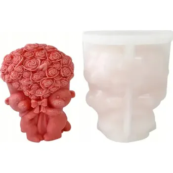 Svíčka Silikonová forma na svíčky z mýdlového vosku a odlitků ze sádry MEDVÍDCI S KYTICÍ RŮŽÍ