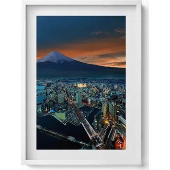 Obraz Dekorativní nástěnný obraz v rámu s grafikou: Pohled na Tokio a horu Fuji, 50x70 cm