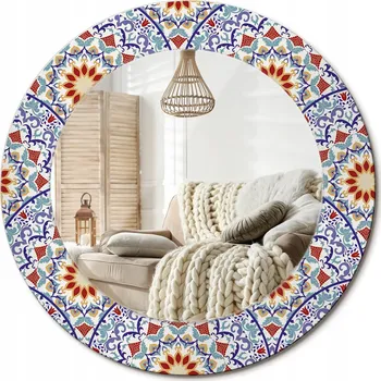 Zrcadlo Zrcadlo na zeď zdobené grafikou na skle Orientální kompozice fi 50 cm