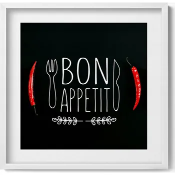 Obraz Nástěnný dekorativní obraz v bílém rámu s grafikou Nápis "Dobrou chuť" 50x50 cm