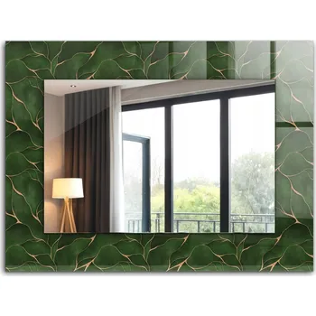 Zrcadlo Nástěnné zrcadlo s rámem z tvrzeného skla, motiv Zelené listy, XXL 80x60 cm