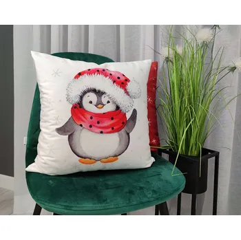 Povlak na dekorativní polštářek Dekorační povlak na polštář s vánočním motivem - Tučňák Santa, 40x40 cm, Velvet velur