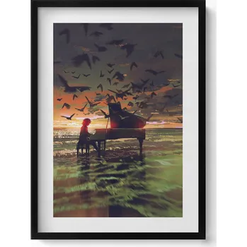 Obraz Dekorativní nástěnný obraz s grafikou v černém rámu Koncert na pláži 50x70 cm