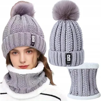 Čepice ČEPICE A NÁKRČNÍK DÁMSKÁ ZIMNÍ TEPLÁ ZATEPLENÁ S BAMBULÍ, ŠEDÁ