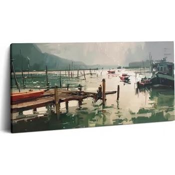 Obraz Obraz na rámu do obýváku: Digitální ilustrace rybářských lodí v přístavu, 100x50 cm