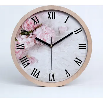 Hodiny Dřevěné nástěnné hodiny kulatý s motivem pivoňky průměr 30 cm