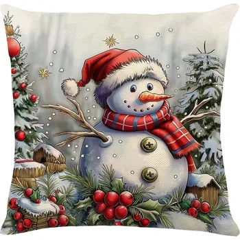 Vánoční dekorace Vánoční povlak na polštář s motivem: Sněhulák, čepice Mikuláše a vánoční stromky, 45x45 cm