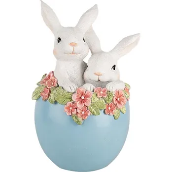 Bytová dekorace Dekorace králíci v modrém vajíčku s květy - 13*12*21 cm