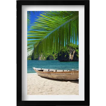Obraz Obraz s černým rámem a grafikou na zeď Loďka na pláži pod palmou 20x30 cm
